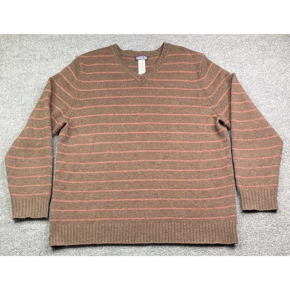 Patagonia Sweater Mens XL Brown‎ Striped Lambswool Blend V-Neck Knit Pullover